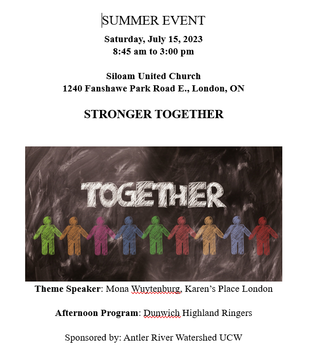 united church women summer event poster on white paper with a graphic of multi coloured people holding hands with the word TOGETHER above them