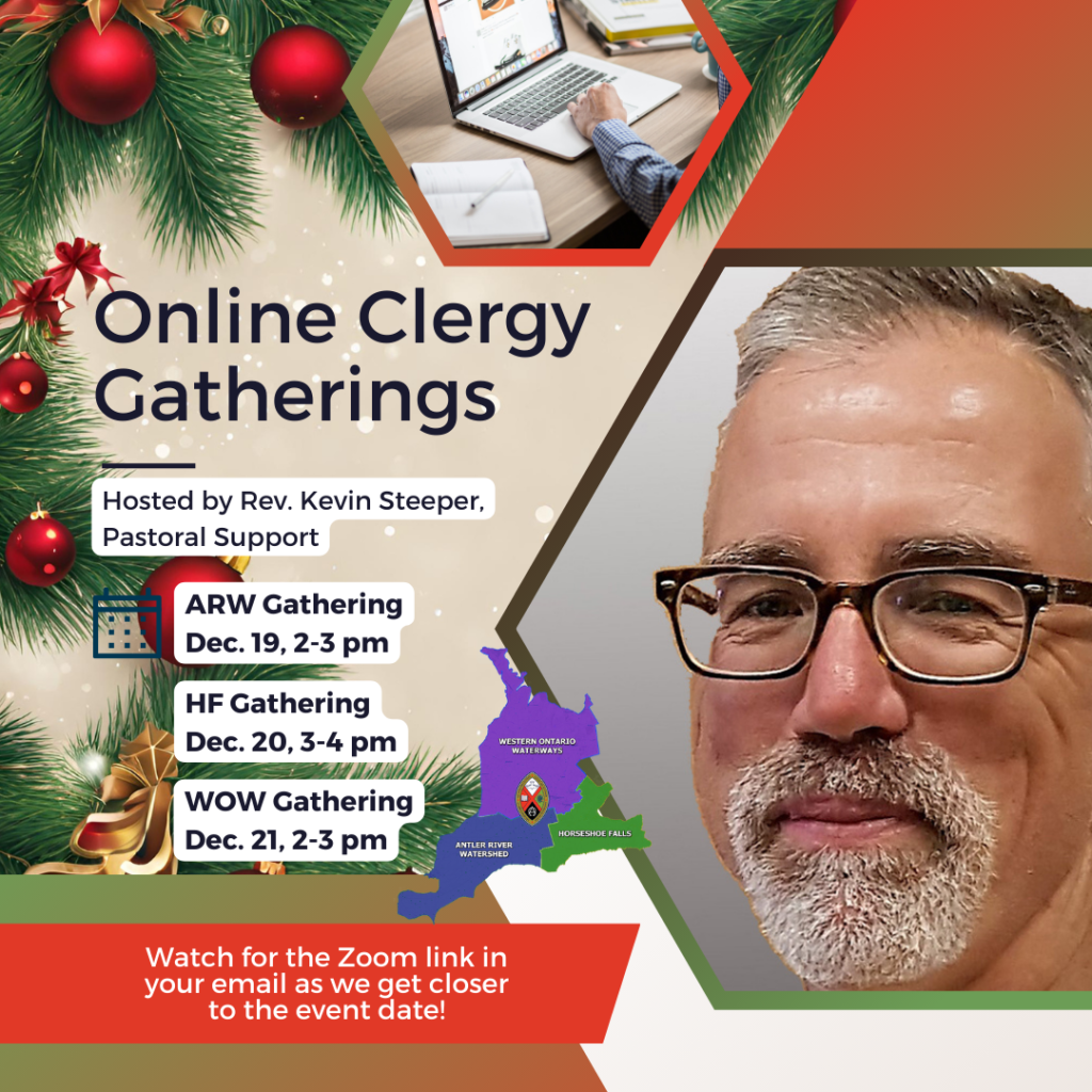a man with a grey beard wearing glasses promoting a clergy gathering in the background are Christmas decorations