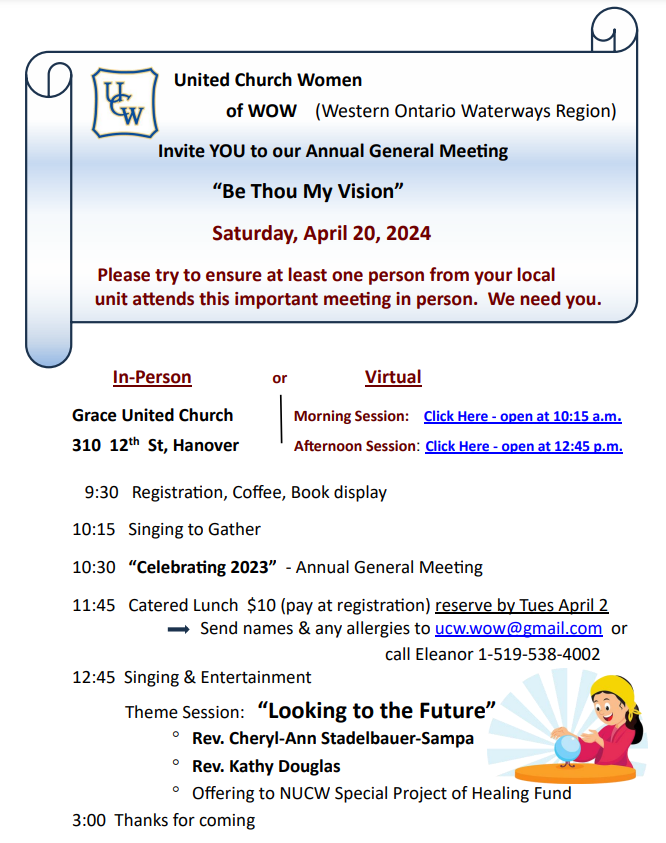 a scroll announcing the WOW UCW AGM 2024 in the right hand corner is a graphic of a woman looking into a crystal ball