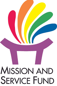 a purple hearth with rainbow coloured flames coming out of it the logo for mission and service to united church of canada