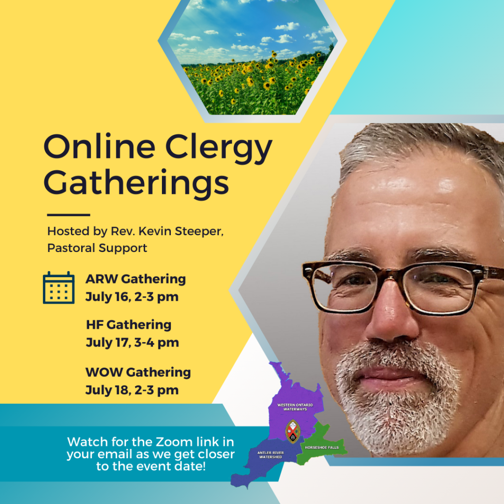 a man named Kevin Steeper with grey hair, wearing glasses and a beard event poster for online clergy gathering