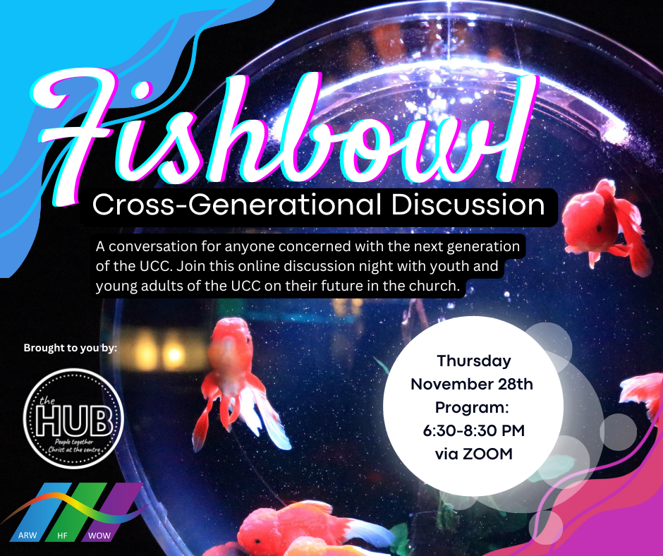 a fishbowl with orange fish on a purple and blue background a promotion for a cross generational event