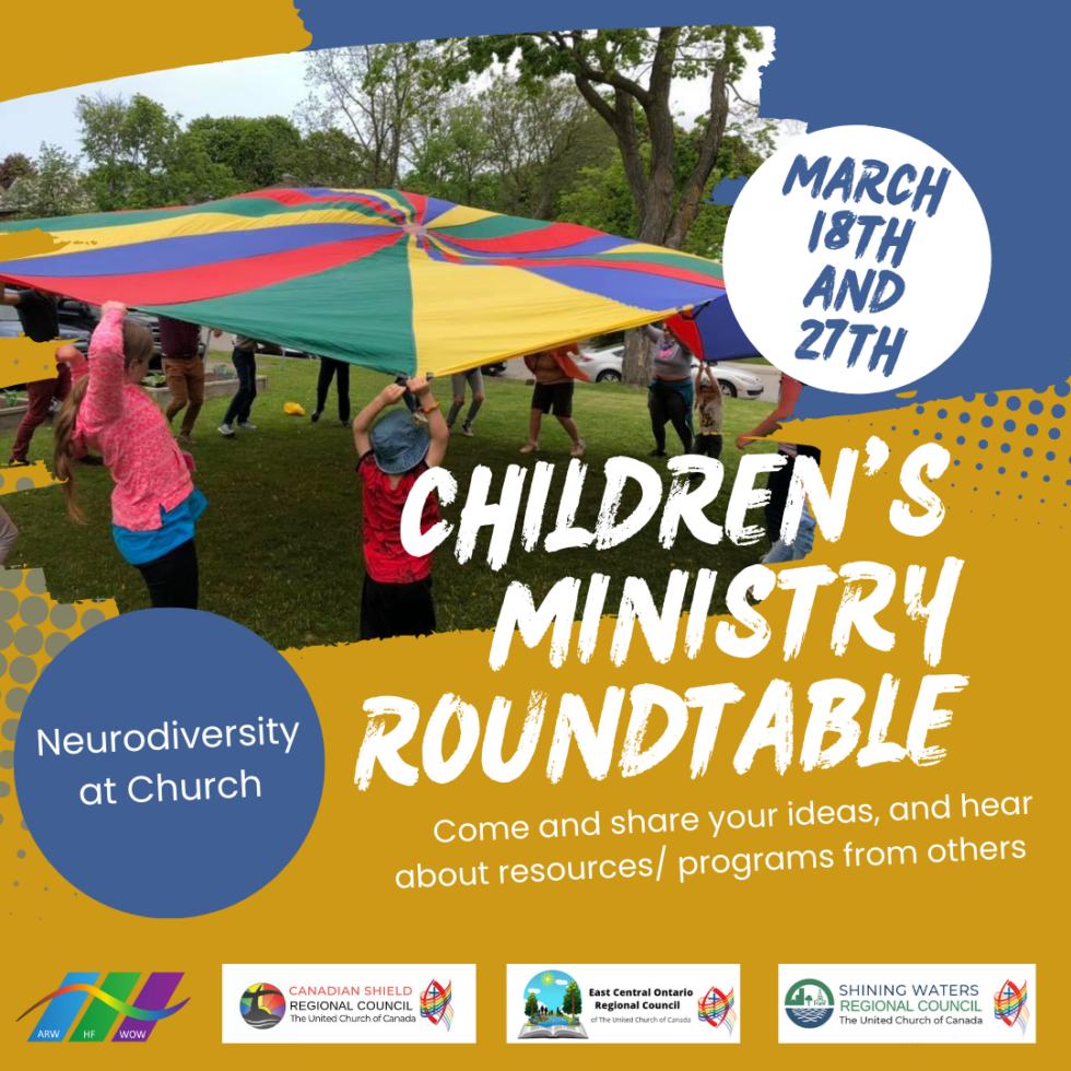 a rainbow coloured parachute with children holding the ends