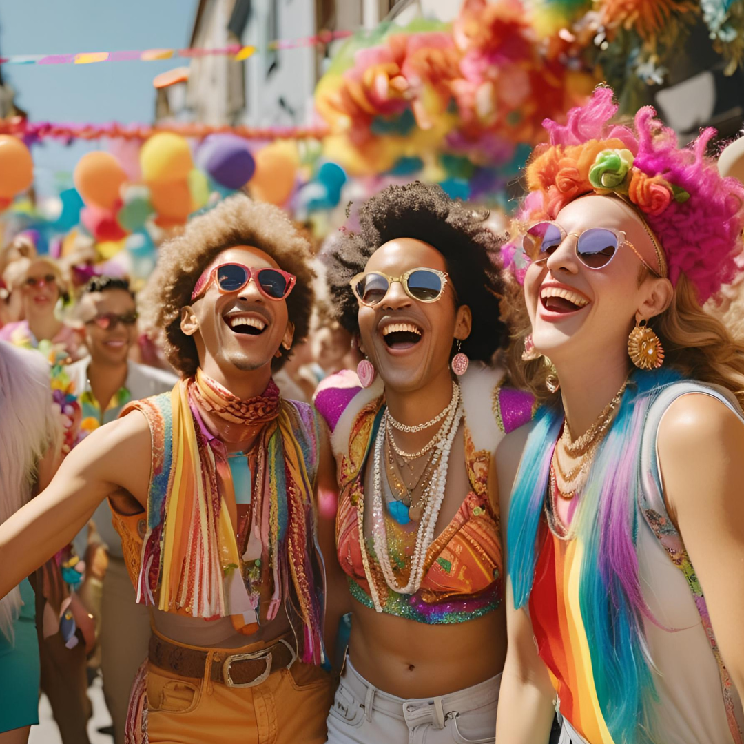 three people wearing colourful 2SLGBTQIA clothing
