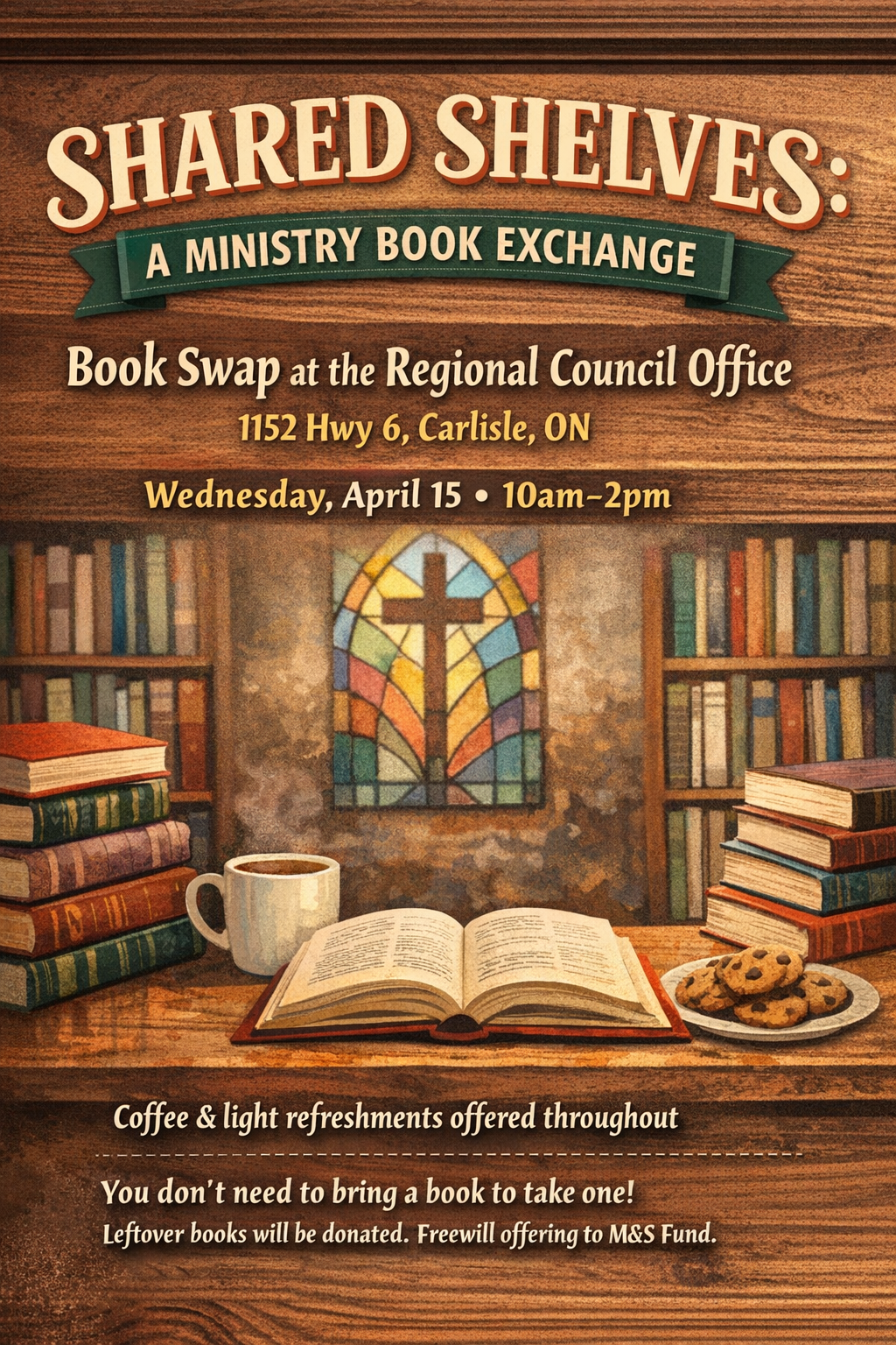 a book open with a mug of coffee and cookies on the side in the background is a christian cross and book shelves