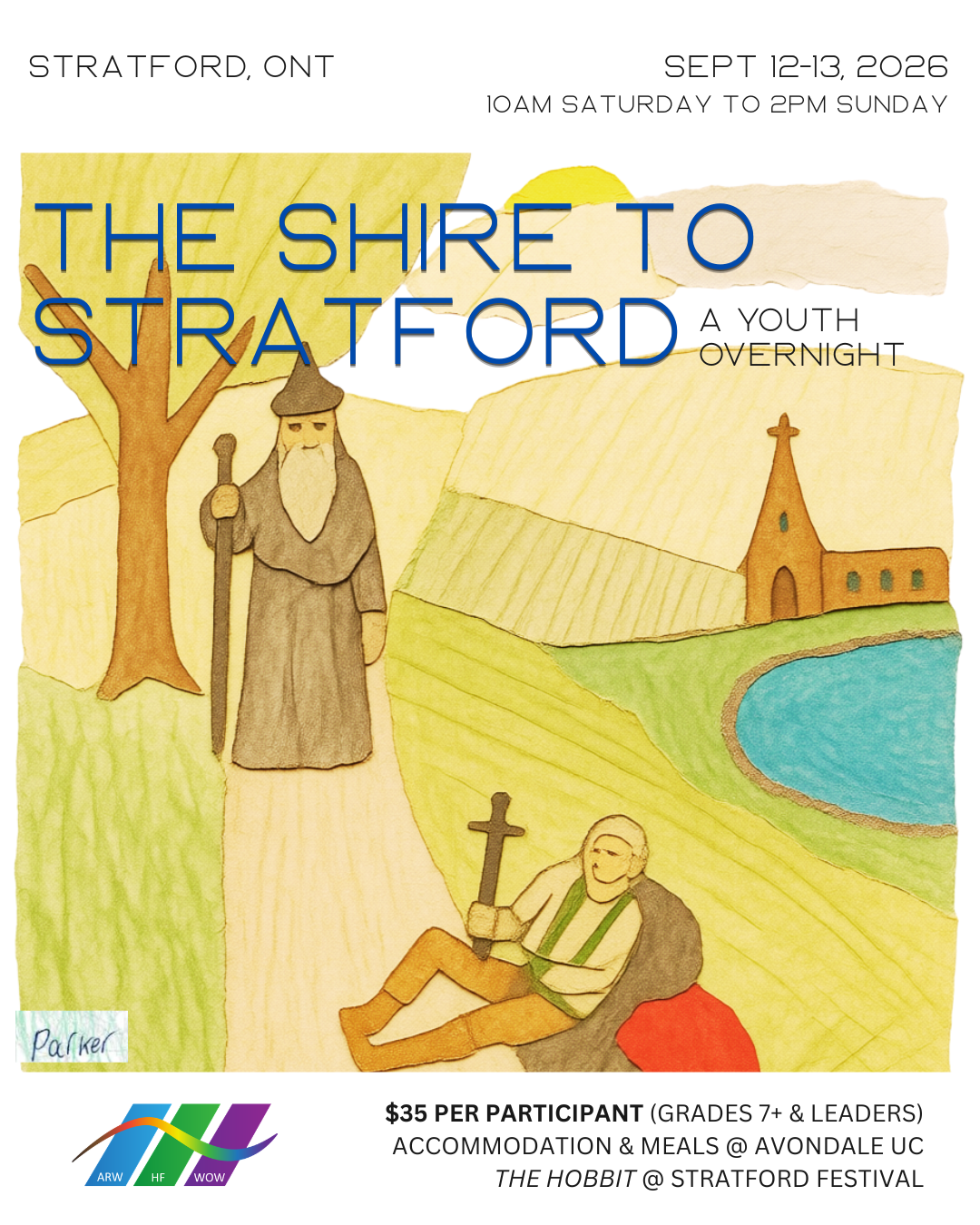 a drawing of a church, pond and Gandalf waking towards a person with a christian cross